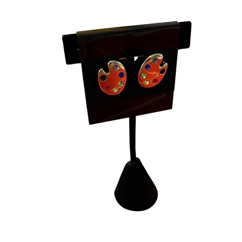 Colorful Multi-Colored Stone Post Earrings on Gold Toned Artist Palette.